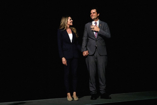 Picture of Matt Gaetz and his wife Ginger Luckey arrive for a rally for former President Donald Trump