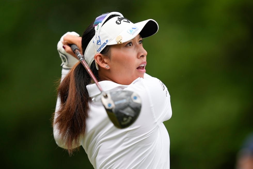 Atthaya Thitikul, of Thailand, hits from the second tee during the third round of the Chevron...