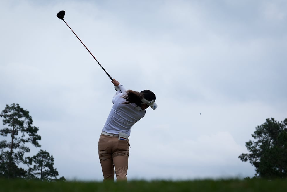 Atthaya Thitikul, of Thailand, hits from the sixth tee during the third round of the Chevron...