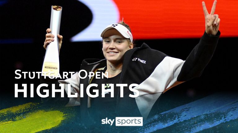 21 April 2024, Baden-W'rttemberg, Stuttgart: Tennis: WTA Tour - Stuttgart, Singles, Women, Final. Rybakina (Kazakhstan) - Kostjuk (Ukraine). Yelena Rybakina celebrates with trophy after the award ceremony. (Recrop) Photo by: Marijan Murat/picture-alliance/dpa/AP Images


