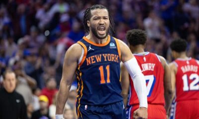 New York Knicks guard Jalen Brunson reacts after scoring against the Philadelphia 76ers during the fourth quarter of Game 4 of their first-round series.