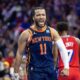 New York Knicks guard Jalen Brunson reacts after scoring against the Philadelphia 76ers during the fourth quarter of Game 4 of their first-round series.