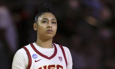 Southern California guard JuJu Watkins looks on before a Sweet 16 college basketball game against Baylor in the women's NCAA Tournament, Saturday, March 30, 2024, in Portland, Ore. Southern California won 74-70. (AP Photo/Howard Lao)