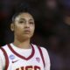 Southern California guard JuJu Watkins looks on before a Sweet 16 college basketball game against Baylor in the women's NCAA Tournament, Saturday, March 30, 2024, in Portland, Ore. Southern California won 74-70. (AP Photo/Howard Lao)