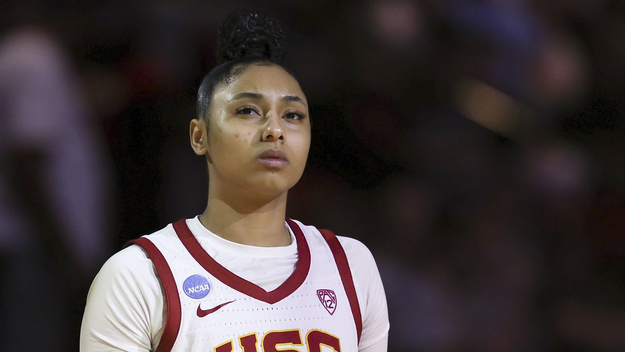 Southern California guard JuJu Watkins looks on before a Sweet 16 college basketball game against Baylor in the women's NCAA Tournament, Saturday, March 30, 2024, in Portland, Ore. Southern California won 74-70. (AP Photo/Howard Lao)