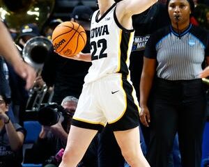 Caitlin Clark celebrates after defeating LSU in the finals of the Albany Regional in the 2024 NCAA Tournament at MVP Arena.