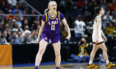 Apr 1, 2024; Albany, NY, USA; LSU Lady Tigers guard Hailey Van Lith (11) reacts in the second