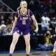 Apr 1, 2024; Albany, NY, USA; LSU Lady Tigers guard Hailey Van Lith (11) reacts in the second