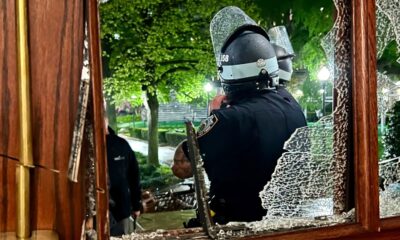 Smashed windows, piled furniture left after occupation of Hamilton Hall at Columbia University