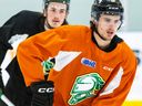 London Knights forward Max McCue skates at a team practice at the Western Fair District Sports Centre in London on Wednesday, May 8, 2024. (Derek Ruttan/The London Free Press)