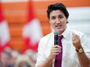 Canada's Prime Minister Justin Trudeau speaks during a town hall event at Campus de Dieppe during his visit to Dieppe, near Moncton, New Brunswick, Canada, March 31, 2023. REUTERS/John Morris