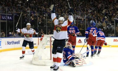 NEW YORK, NEW YORK - MAY 30: Vladimir Tarasenko #10 of the Florida Panthers celebrates after a goal by Anton Lundell #15 during the third period against the New York Rangers in Game Five of the Eastern Conference Final of the 2024 Stanley Cup Playoffs at Madison Square Garden on May 30, 2024 in New York City.