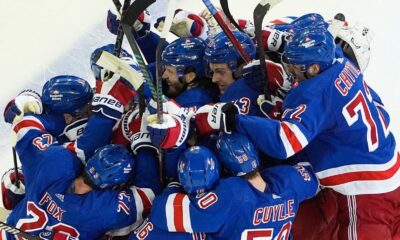 The Rangers celebrate after beating the Panthers in overtime of Game 2 on Friday, May 24, 2024.