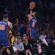 May 14, 2024; New York, New York, USA; New York Knicks guard Jalen Brunson (11) drives for a shot in front of Indiana Pacers center Myles Turner (33) and center Isaiah Hartenstein (55) during game five of the second round for the 2024 NBA playoffs at Madison Square Garden. Mandatory Credit: Vincent Carchietta-USA TODAY Sports