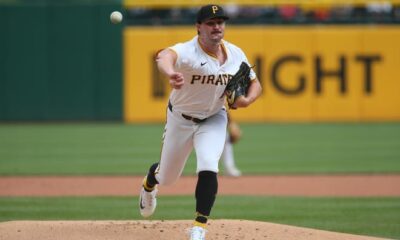 Pittsburgh Pirates starting pitcher Paul Skenes (30) delivers a pitch during the first inning of his MLB Debut against the Chicago Cubs Saturday evening at PNC Park in Pittsburgh, PA.