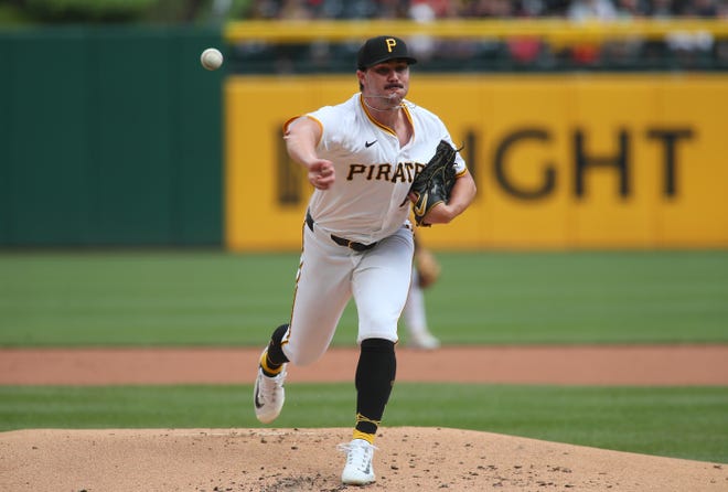Pittsburgh Pirates starting pitcher Paul Skenes (30) delivers a pitch during the first inning of his MLB Debut against the Chicago Cubs Saturday evening at PNC Park in Pittsburgh, PA.