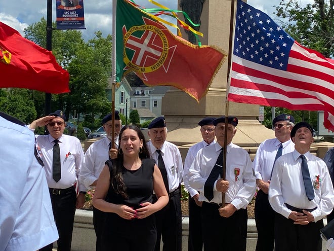 Rachel Ferreira Silva sings both the Portuguese and American national anthems during the Taunton Day of Portugal flag raising ceremony on Saturday, June 8 2024.