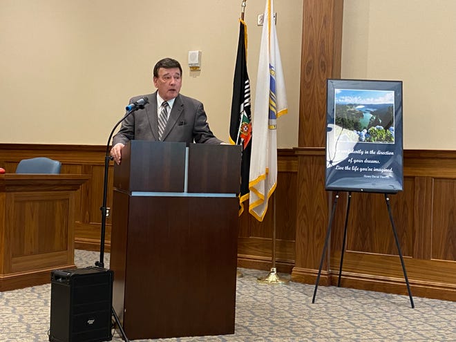 State Sen. Marc Pacheco, D-Taunton, speaks at the Taunton Day of Portugal ceremony on Saturday, June 8, 2024, in City Hall.