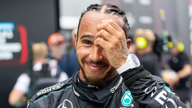 BARCELONA, SPAIN - JUNE 23: Lewis Hamilton (44) of United Kingdom and team Mercedes-AMG Petronas F1 Team celebrates his podium finish after the Formula 1 Spanish Grand Prix on Sunday, June 23, 2024 at the Circuit De Catalunya in Barcelona, Spain. (Photo by Bob Kupbens/Icon Sportswire) (Icon Sportswire via AP Images)