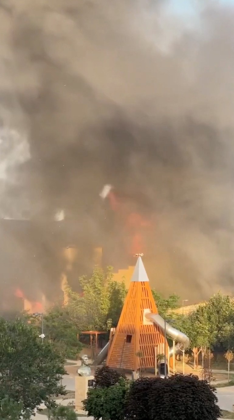 Thick clouds of smoke in the air above Derbent where the synagogue and churches were set on fire