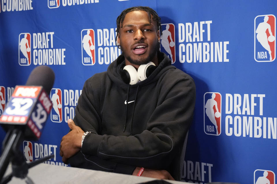 Bronny James talks to media during the 2024 NBA basketball Draft Combine in Chicago, Tuesday, May 14, 2024. (AP Photo/Nam Y. Huh)