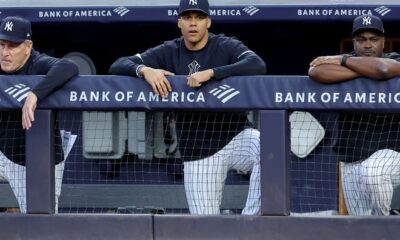 Jun 7, 2024; Bronx, New York, USA; New York Yankees right fielder Juan Soto (22) watches from the bench during the third inning against the Los Angeles Dodgers at Yankee Stadium. Mandatory Credit: Brad Penner-USA TODAY Sports