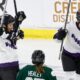 Minnesota forward Liz Schepers, second left, celebrates with teammates Sophie Jaques, left, and Minnesota forward Brittyn Fleming (18) in Game 5 of the PWHL Walter Cup Final. (Mary Schwalm/AP Photo)