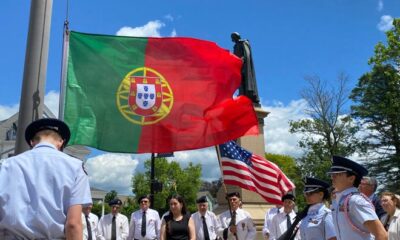 Members of the Taunton Air Force Junior ROTC raise the Portuguese flag outside Taunton City Hall on June 8, 2024.