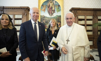 U.S. President Joe Biden, accompanied by his wife, Jill, is pictured with Pope Francis during a meeting at the Vatican Oct. 29, 2021. (CNS/Vatican Media)