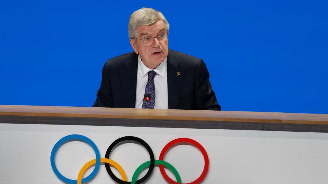 International Olympic Committee President Thomas Bach speaks during the 142nd session of the IOC in Paris on Wednesday, ahead of the Paris 2024 Olympic Games.