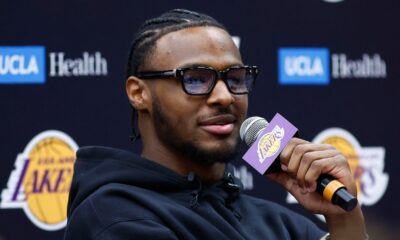 Bronny James speaks to reporters the week after being drafted by the Lakers. (Ronald Martinez / Getty Images)