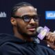 Bronny James speaks to reporters the week after being drafted by the Lakers. (Ronald Martinez / Getty Images)