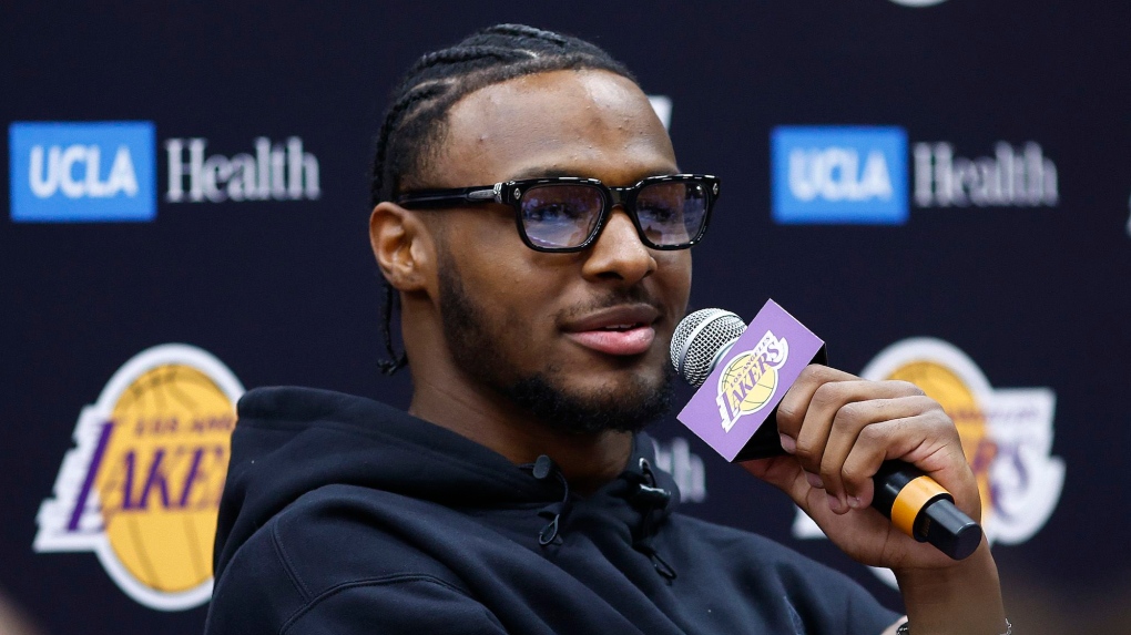 Bronny James speaks to reporters the week after being drafted by the Lakers. (Ronald Martinez / Getty Images)