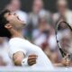 Carlos Alcaraz of Spain celebrates after defeating Daniil Medvedev of Russia in their semifinal match at the Wimbledon tennis championships in London, Friday, July 12, 2024. (AP Photo/Mosa'ab Elshamy)