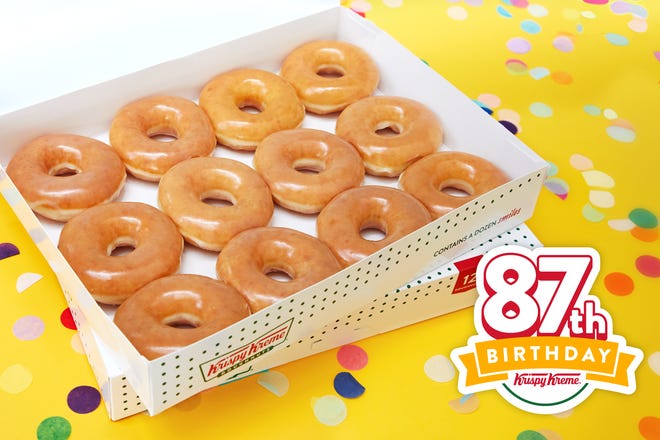 Krispy Kreme is celebrating its 87th birthday on Friday, July 12, by offering customers 87-cent Original Glazed dozens with the purchase of any dozen at regular price.