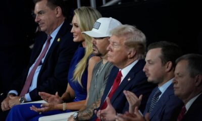 Jason Aldean (3rd from left) and his wife Brittany Aldean (2nd from left) sit with Republican presidential nominee Donald J. Trump during the final day of the Republican National Convention at the Fiserv Forum. The final day of the RNC featured a keynote address by Republican presidential nominee Donald Trump.