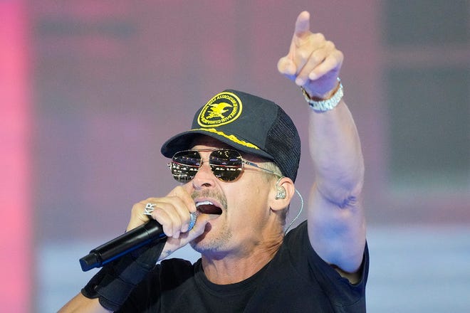 Musician Kid Rock practices at rehearsals during the final day of the Republican National Convention at the Fiserv Forum on Jul 18, 2024.