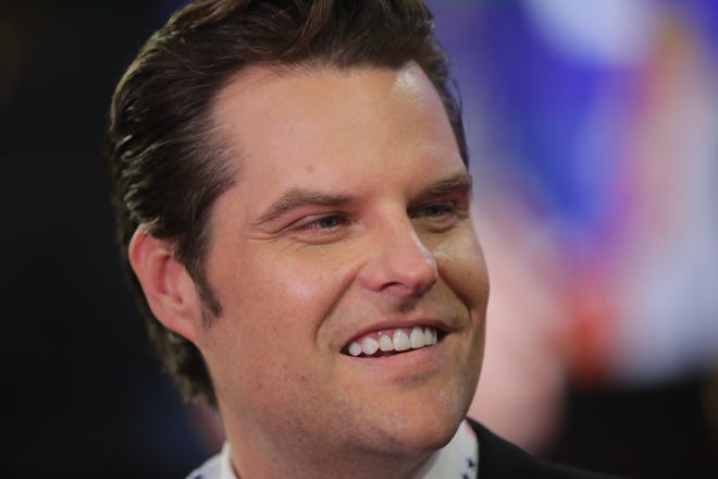 Rep. Matt Gaetz, R-Fla., is seen on the convention floor during the second day of the Republican National Convention at the Fiserv Forum. The second day of the RNC focused on crime and border policies.