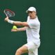 Denis Shapovalov slices a backhand. He lost to Ben Shelton on Saturday at Wimbledon.