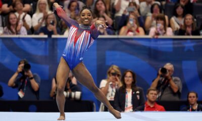 Simone Biles competes in the floor exercise on Day Four of the 2024 U.S. Olympic Team Gymnastics Trials at Target Center on June 30 in Minneapolis, Minnesota. (Jamie Squire / Getty Images via CNN Newsource)