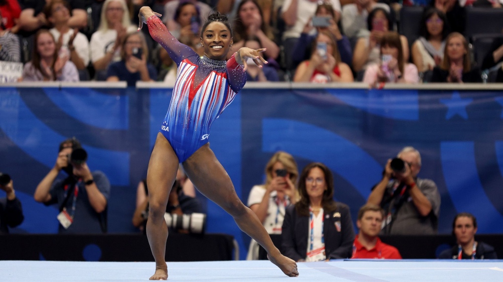 Simone Biles competes in the floor exercise on Day Four of the 2024 U.S. Olympic Team Gymnastics Trials at Target Center on June 30 in Minneapolis, Minnesota. (Jamie Squire / Getty Images via CNN Newsource)