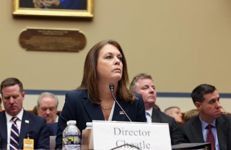 A woman in a navy blue blazer takes questions from a House committee. A crowd of media sits in rows behind her.