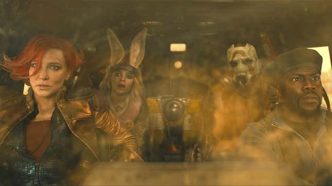 Lilith, Tiny Tina, Claptrap, Krieg, and Roland sit in a car.