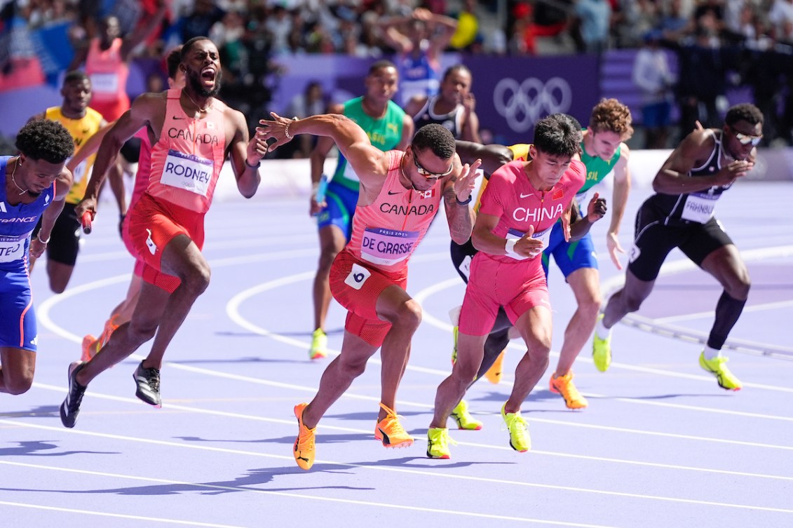 Canada competes in the men's 4x100m relay on Thursday.