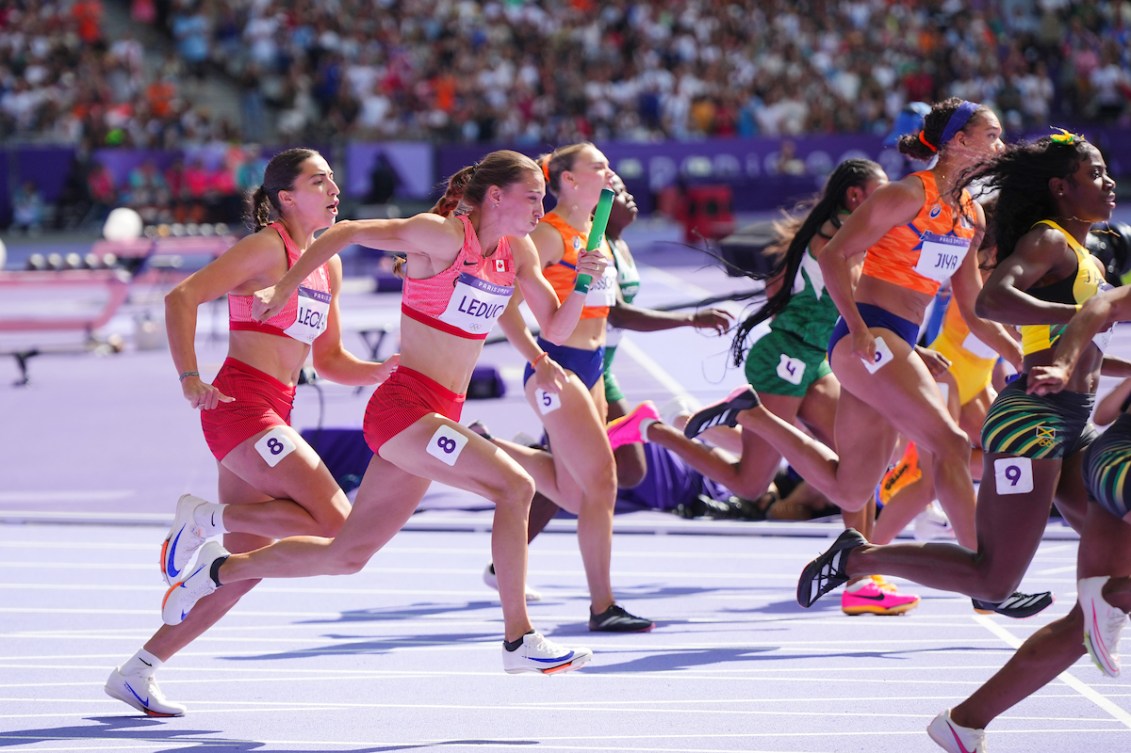 Canada competes in the women's 4x100m relay on Thursday.