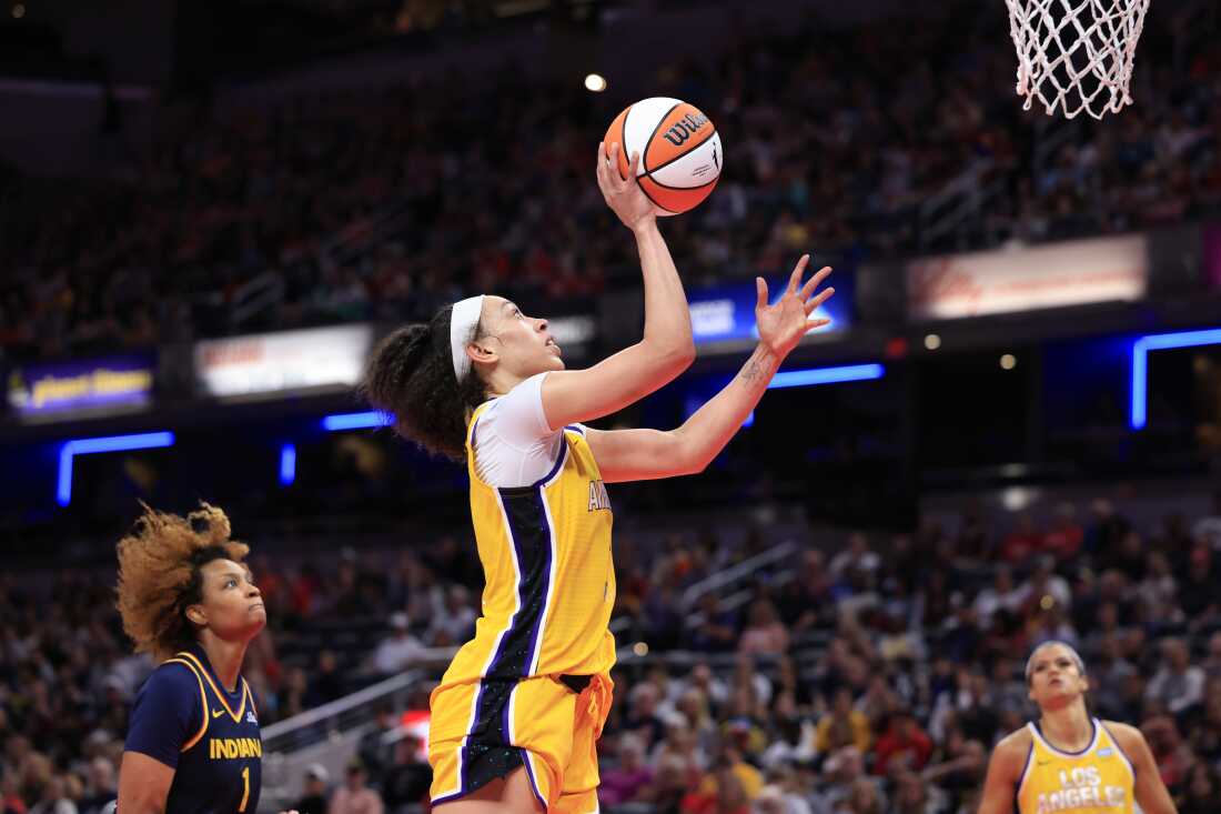 Dearica Hamby of the Los Angeles Sparks attempts a shot during a May 2024 game in Indianapolis, Indiana.