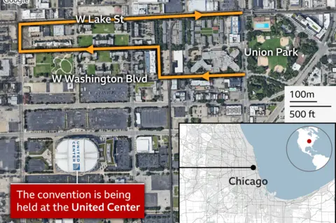 Map of the protests in Chicago at the DNC - plotting a planned march route starting and finishing at Union Park