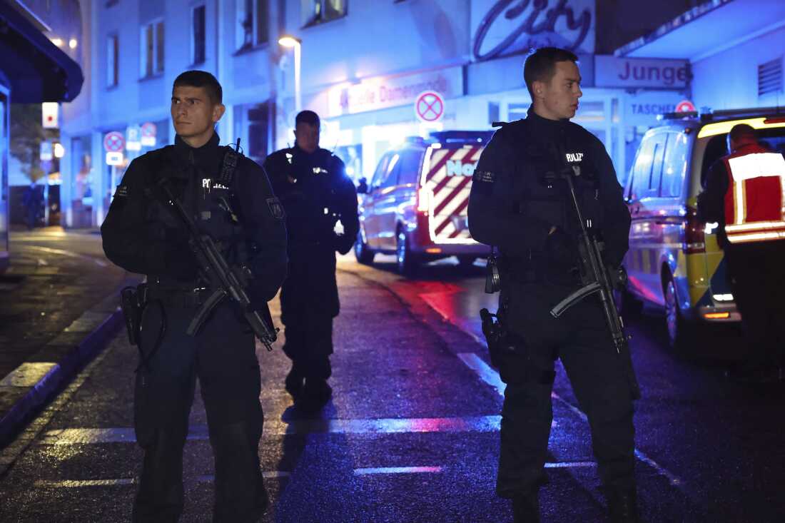 Police and ambulances near the scene where people were killed and injured in an attack at a festival in Solingen, western Germany, the German dpa news agency reported on Friday.