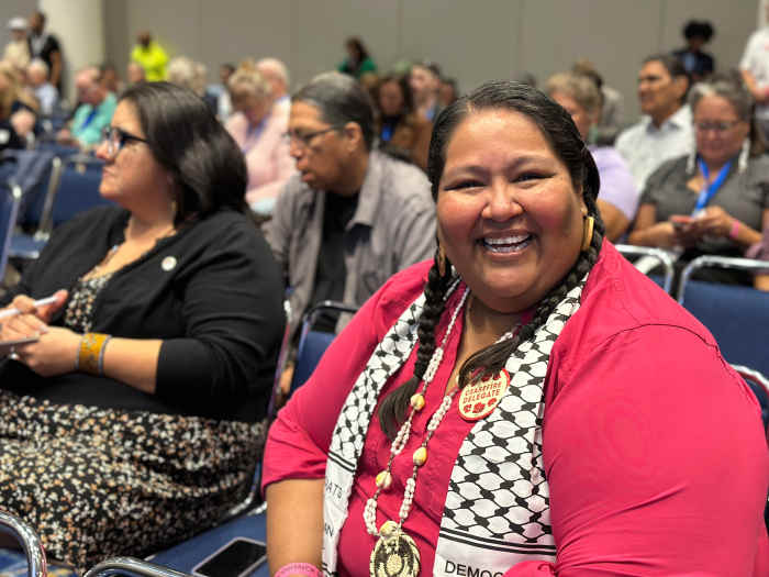 Arizona's Pima County recorder, Gabriella Cázares-Kelly, Tohono O'odham, is part of the Indigenous elected officials who have endorsed Kamala Harris during the 2024 Democratic National Convention in Chicago. (Pauly Denetclaw, ICT)