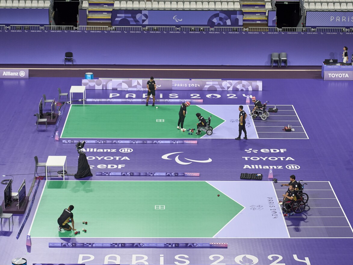 Athletes practice at a Boccia training session in Paris on Monday. It's one of two Paralympic sports with no Olympic equivalent. 